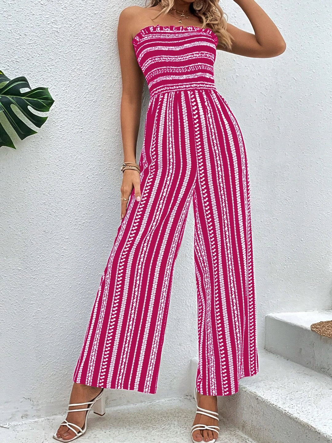 Striped Pattern Shirred Tube Jumpsuit