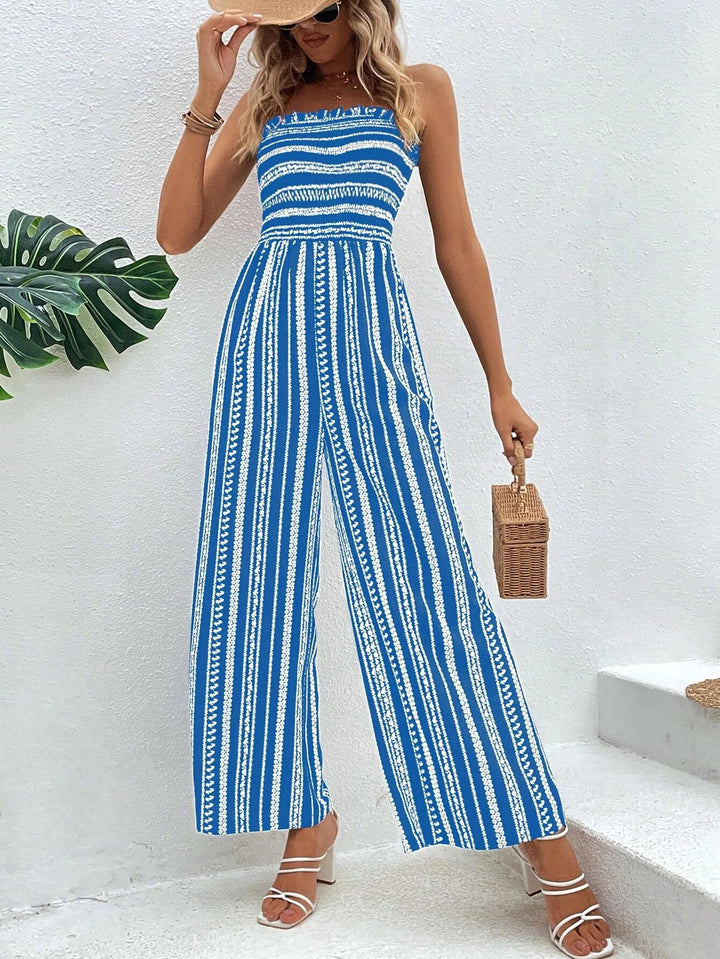 Striped Pattern Shirred Tube Jumpsuit