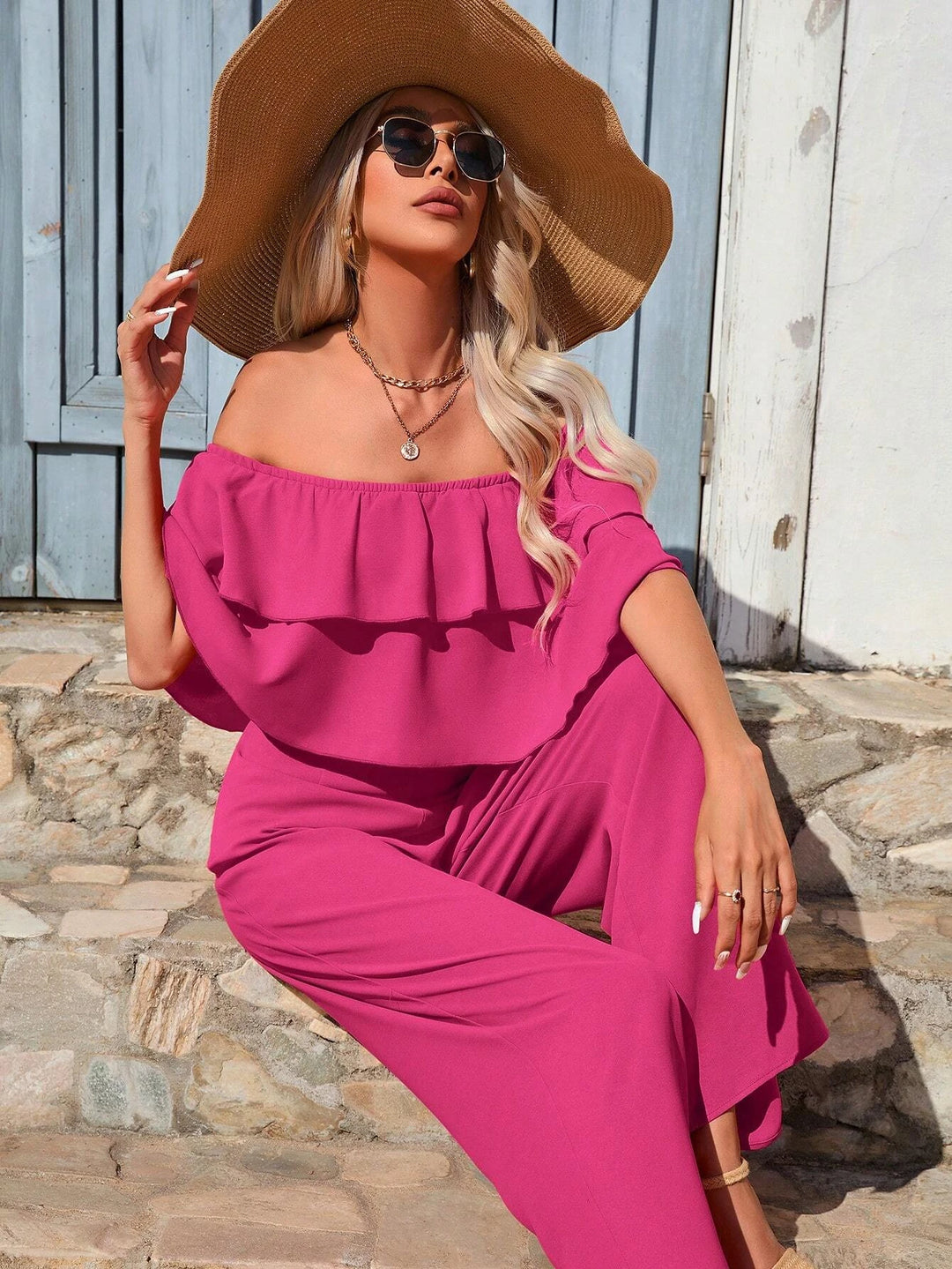 Off Shoulder Ruffle Trim Wide Leg Jumpsuit