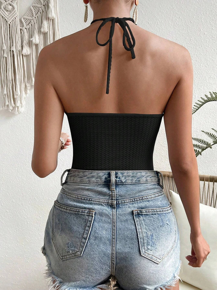 Solid Colored Halter  Sleeveless Neck Bodysuit