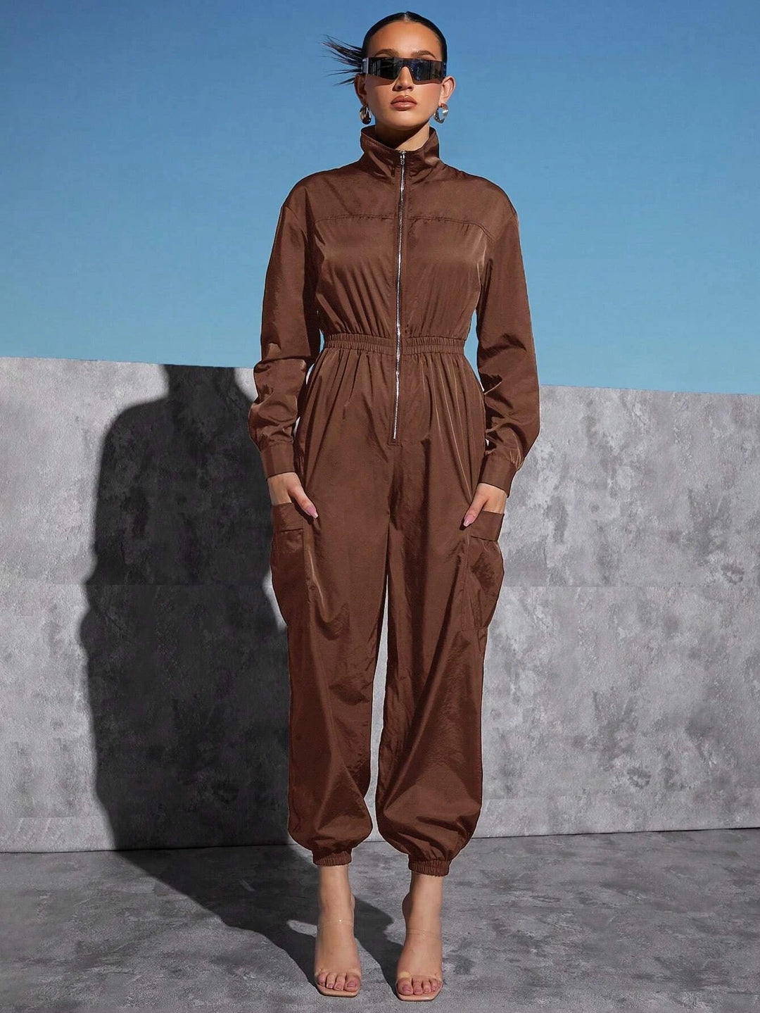 Pocket Side Zip Half Placket Drop Shoulder Jumpsuit