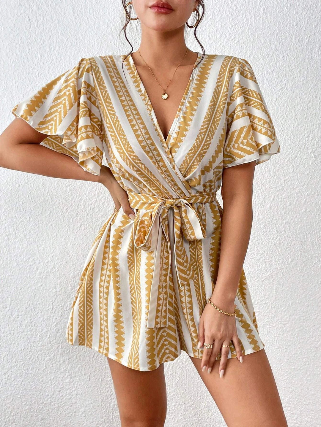 Frenchy Geo Print Butterfly Sleeve Ruffle Hem Belted Romper