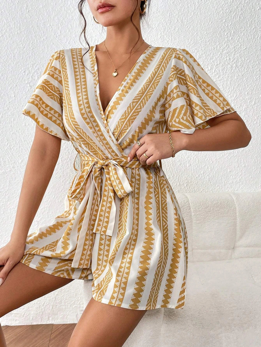 Frenchy Geo Print Butterfly Sleeve Ruffle Hem Belted Romper