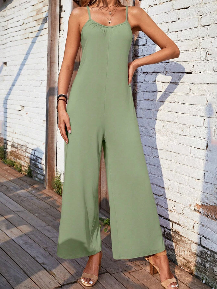 Solid Colored Wide Leg Cami Jumpsuit