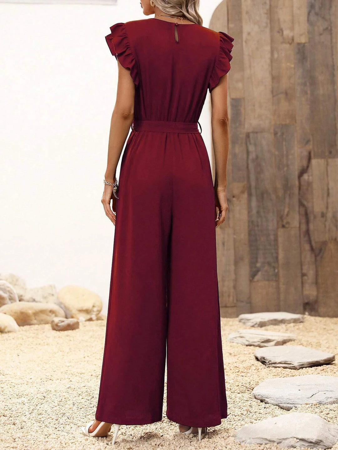 Ruffle Trim Belted Jumpsuit