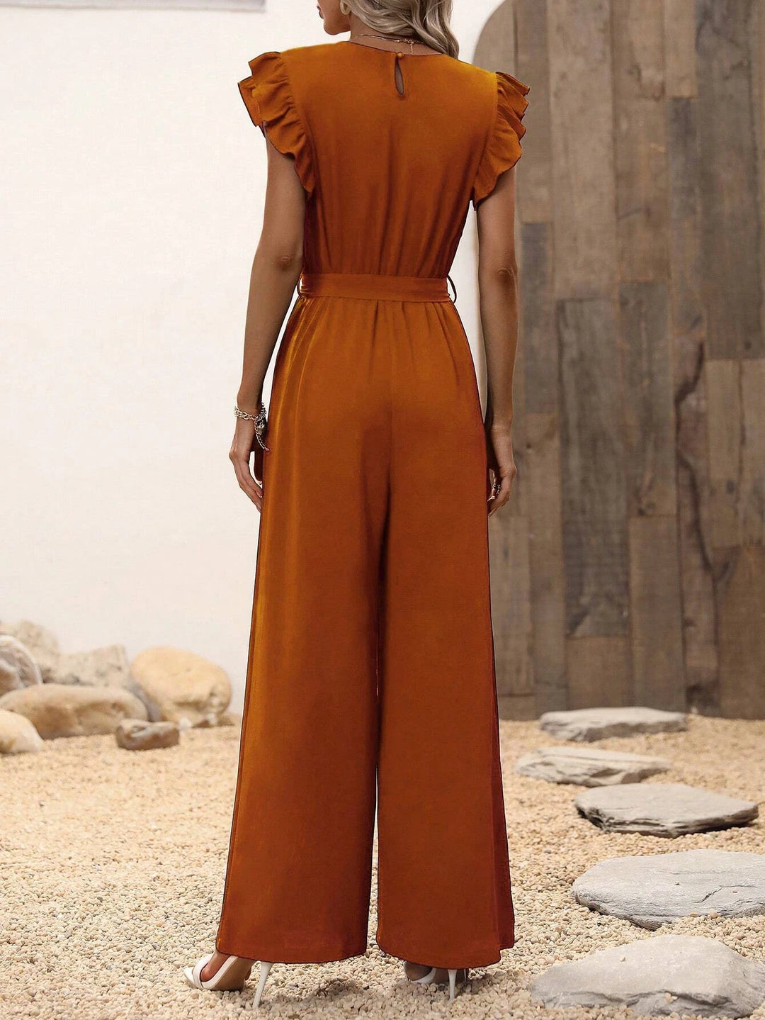 Ruffle Trim Belted Jumpsuit