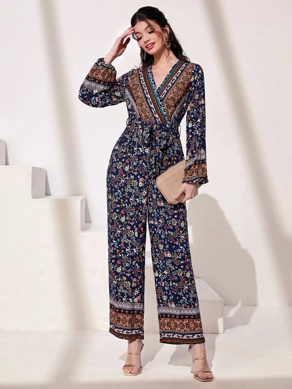 Floral And Paisley Print With V Neck Jumpsuit