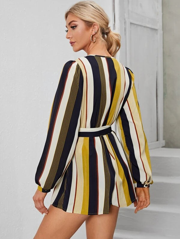 Striped Print With Belt Patterned Jumpsuit