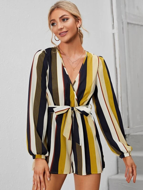 Striped Print With Belt Patterned Jumpsuit