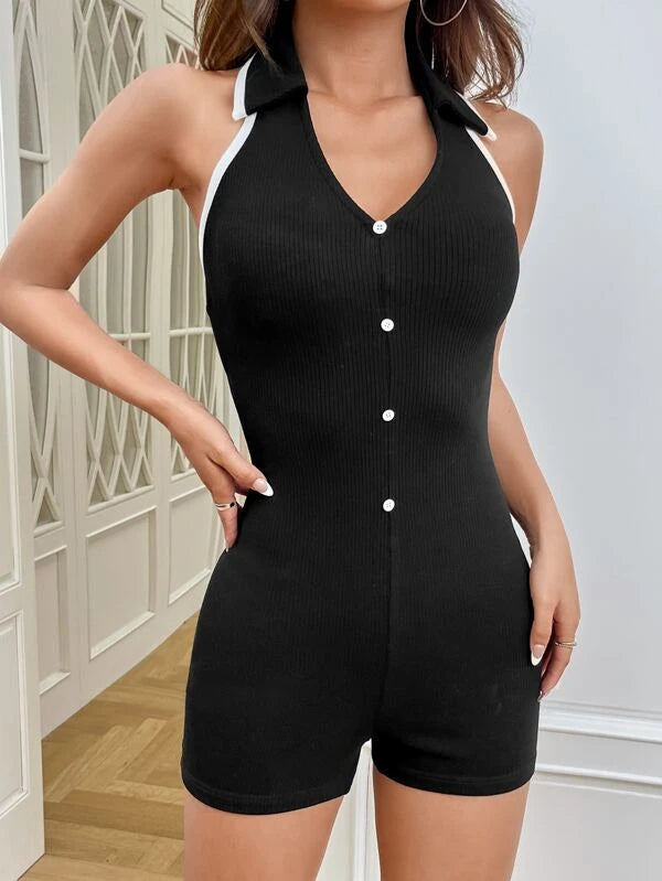 Halter Neckline With Contrast Binding Button Bodysuit