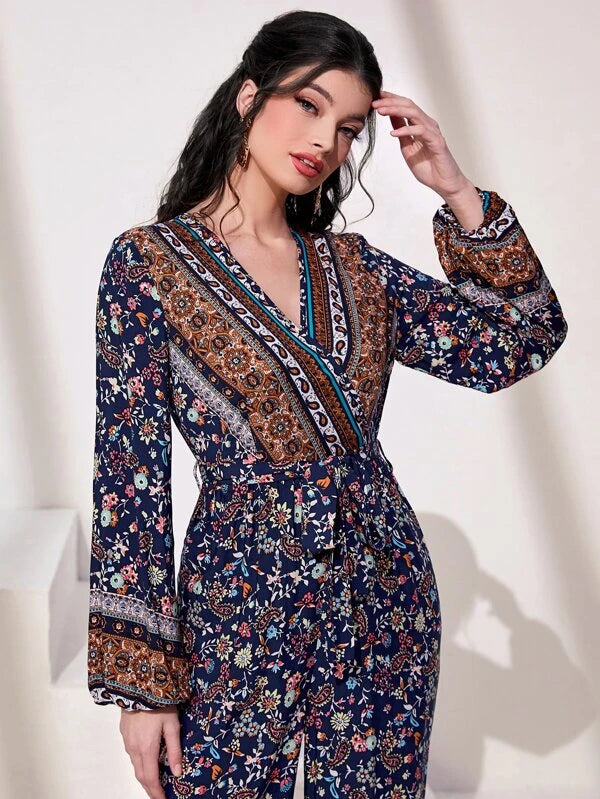 Floral And Paisley Print With V Neck Jumpsuit