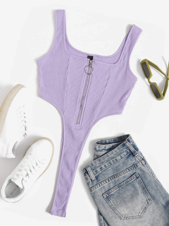 Zipper Front High-cut Hem Tank Bodysuit