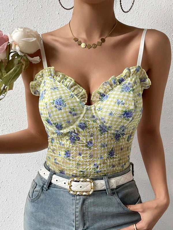 Frill Trim With Floral Print Cami Bodysuit