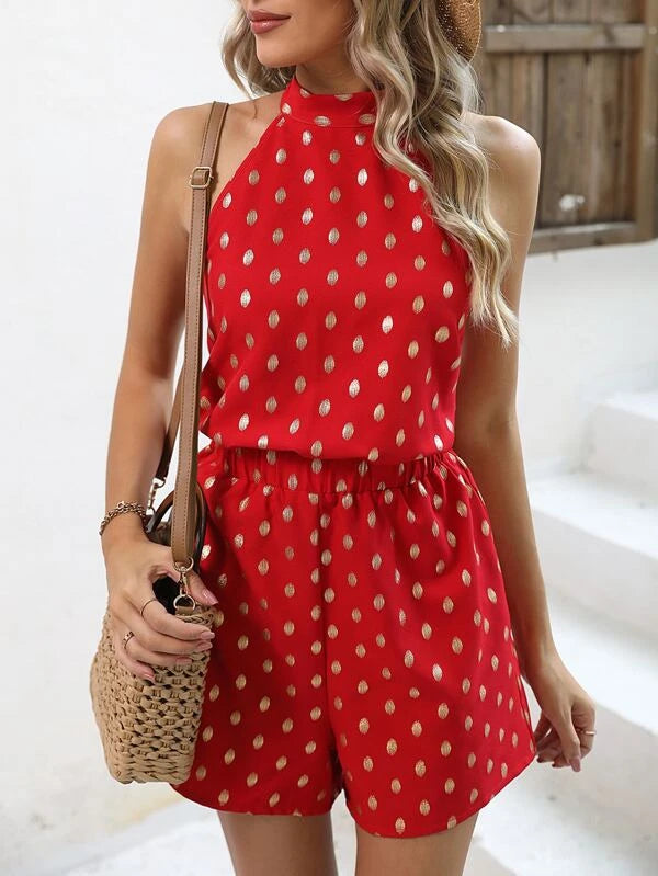 Dot Print Halter Neck Bodysuit