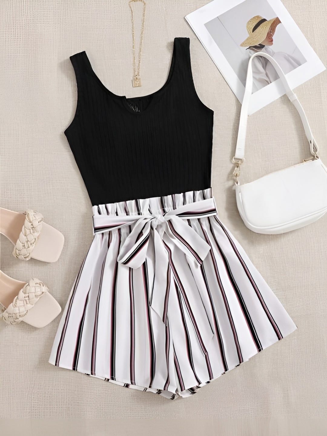 Round Neck Striped Belted Romper