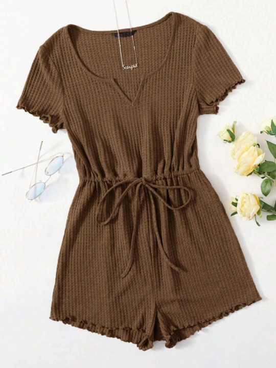 Notched Neck Lettuce Trim Romper