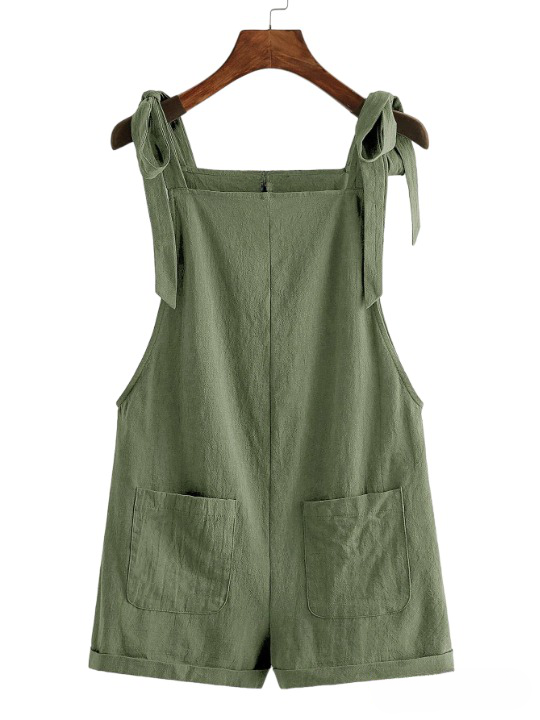 Knot Strap Pocket Patched Pinafore Romper
